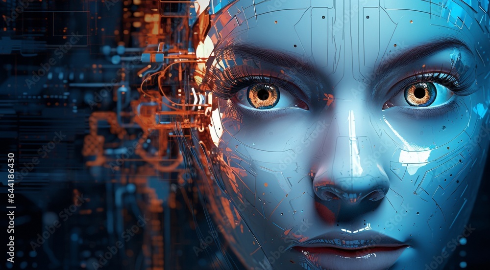 abstract AI face on technology background, AI humans face on background, technology AI face, bionic robot face