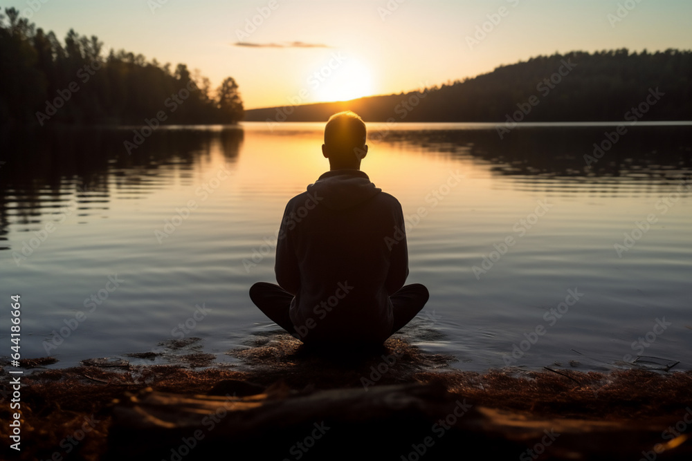 Young man meditating on the shore of a lake at sunset.