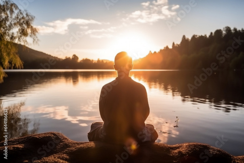 Young man meditating on the shore of a lake at sunset. © soysuwan123