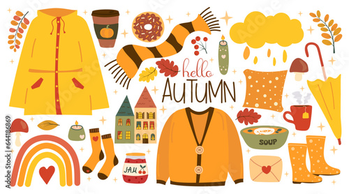 Cute autumn set with sweater, scarf, umbrella, raincoat, rubber boots, socks, hot drinks, jam, candles, pillow, food