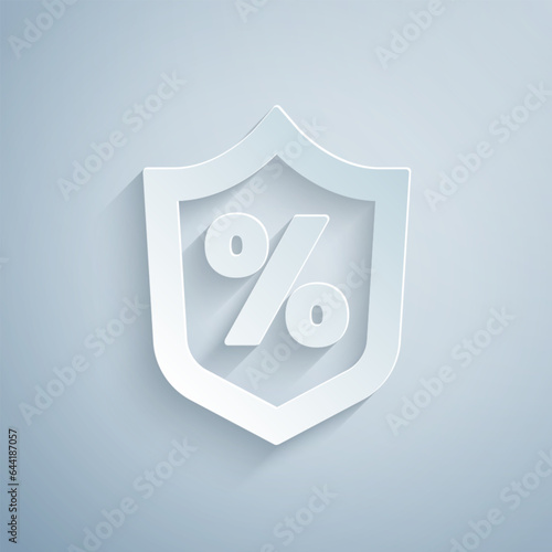 Paper cut Loan percent icon isolated on grey background. Protection shield sign. Credit percentage symbol. Paper art style. Vector