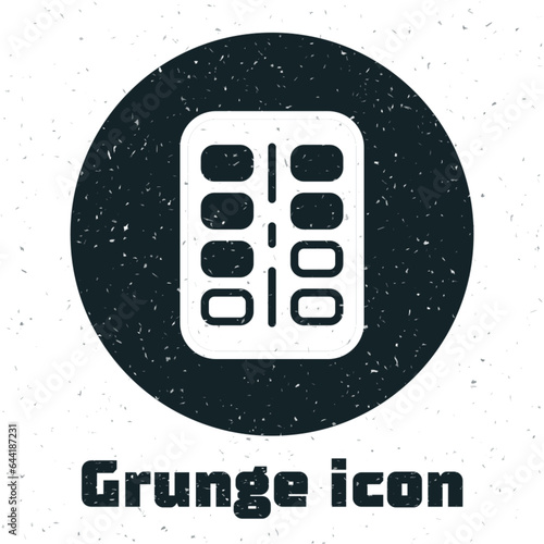 Grunge Nicotine gum in blister pack icon isolated on white background. Helps calm cravings and reduces anxiety caused by quitting smoking. Monochrome vintage drawing. Vector