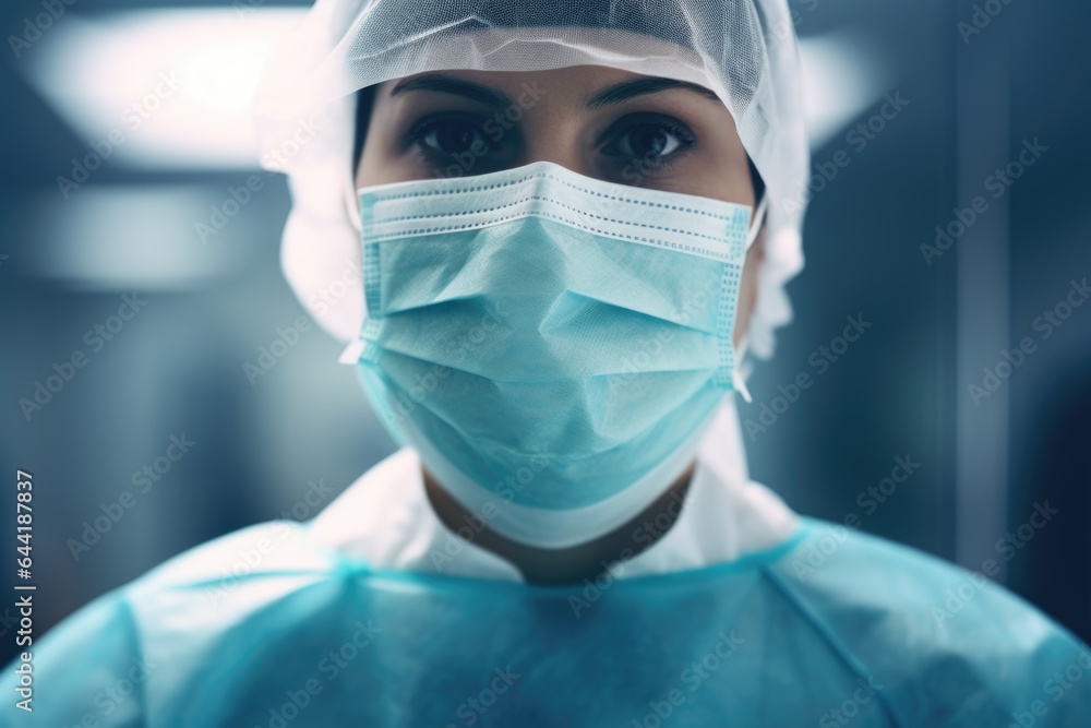 Female Woman Doctor Surgeon Nurse in Scrubs with Face Mask and Face Shield - COVID-19 PPE Protection - Generative AI Female Woman Doctor Surgeon Nurse in Scrubs with Face Mask and Face Shield - COVID-19 PPE Protection - Generative AI