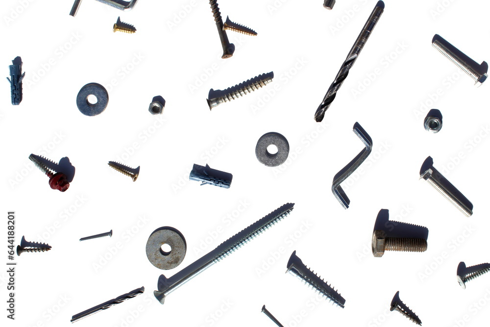 Abstract texture from different small construction and fastening details on a white background. Abstract texture from different small construction and fastening details on a white background.
