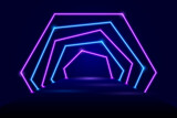 Podium with arches with neon lighting for displaying goods, mega sales, discounts, promotions, Black Friday, Cyber Monday.