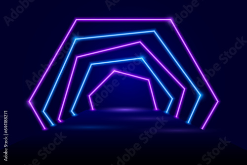 Podium with arches with neon lighting for displaying goods, mega sales, discounts, promotions, Black Friday, Cyber Monday.