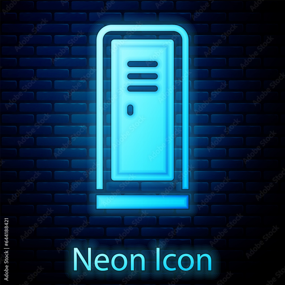 Glowing neon Locker or changing room for hockey, football, basketball team or workers icon isolated on brick wall background. Vector Glowing neon Locker or changing room for hockey, football, basketball team or workers icon isolated on brick wall background. Vector