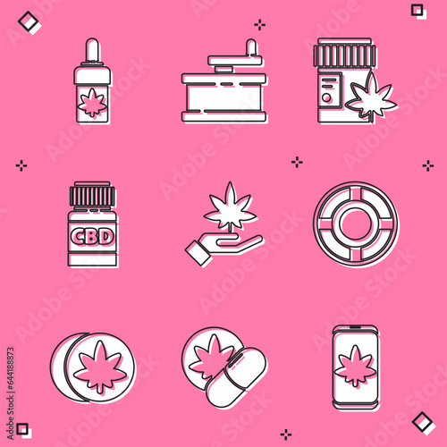 Set Marijuana or cannabis olive oil, Manual grinder, Medical bottle with marijuana, leaf, Ashtray, Herbal ecstasy tablets and icon. Vector