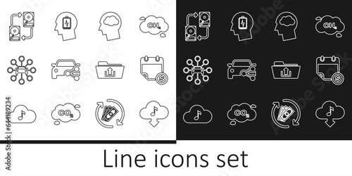 Set line Cloud download music, Financial calendar, Head silhouette with cloud, Car sharing, Data exchange hhd, Folder upload and low battery icon. Vector