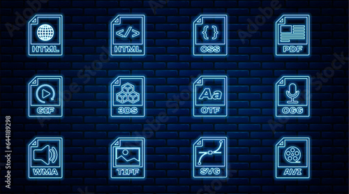 Set line AVI file document, OGG, CSS, 3DS, GIF, HTML, OTF and icon. Vector