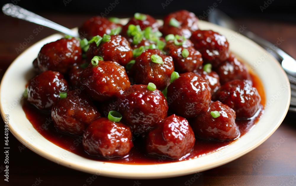 Culinary innovation with spicy meatballs with grape jelly. Meatballs glazed in a tempting spicy mix and delicious grape jam. Concept of inspiration of flavors and combinations. Culinary innovation with spicy meatballs with grape jelly. Meatballs glazed in a tempting spicy mix and delicious grape jam. Concept of inspiration of flavors and combinations.