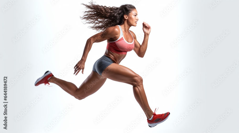 Active female athlete running mid air isolated on white, woman running on white.