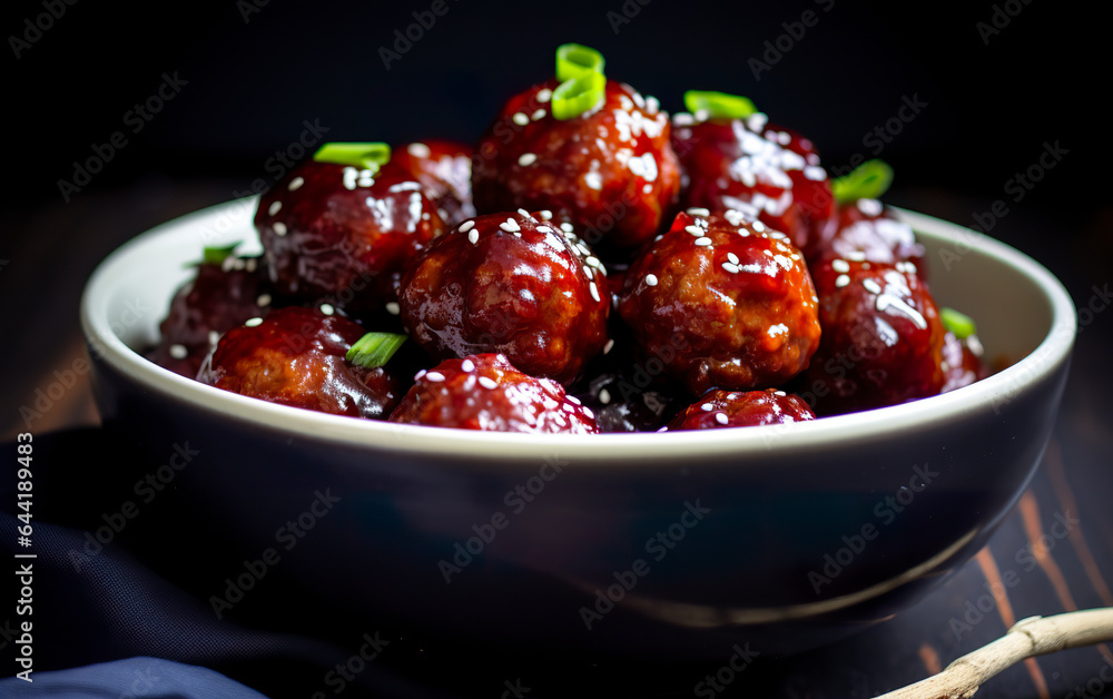 Culinary innovation with spicy meatballs with grape jelly. Meatballs glazed in a tempting spicy mix and delicious grape jam. Concept of inspiration of flavors and combinations. Culinary innovation with spicy meatballs with grape jelly. Meatballs glazed in a tempting spicy mix and delicious grape jam. Concept of inspiration of flavors and combinations.