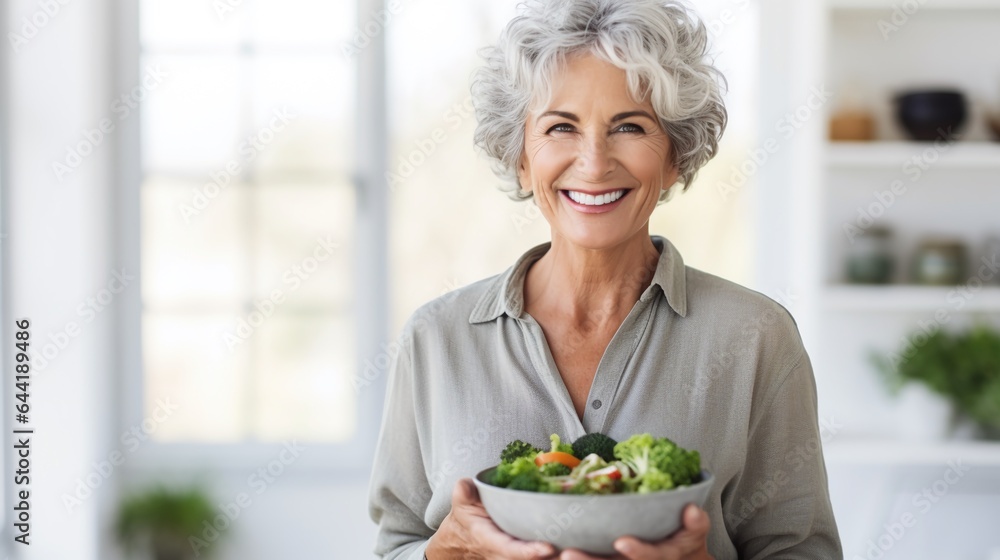 Aged woman smiling happily and holding a healthy vegetable salad bowl on blurred kitchen background, with copy space. - obrazy, fototapety, plakaty 