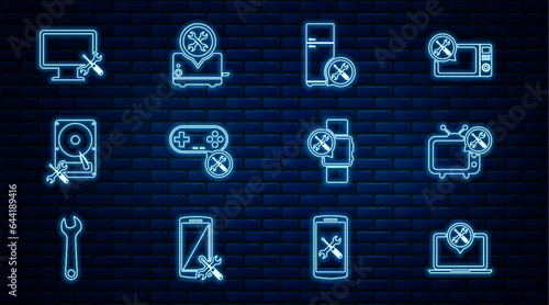 Set line Laptop service, Tv, Refrigerator, Gamepad, Hard disk drive, Computer monitor, Smartwatch and Toaster icon. Vector