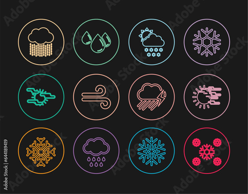 Set line Snow, Fog and sun, Cloud with snow, Wind, rain, lightning and Water drop icon. Vector