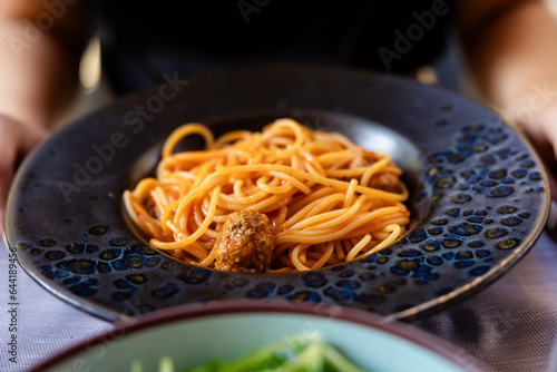 Fresh pasta spaghetti and meatballs in Rome Italy at a restaurant photo