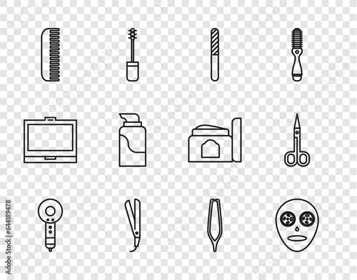 Set line Hair dryer, Facial cosmetic mask, Nail file, Curling iron, Hairbrush, Cream tube, Eyebrow tweezers and Scissors icon. Vector
