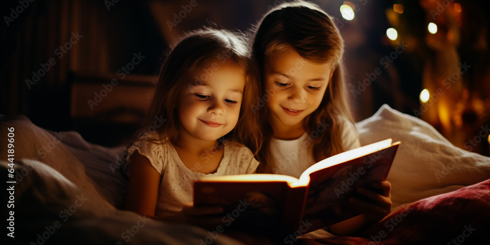 Cheerful children reading a book at night in the room Cheerful children reading a book at night in the room