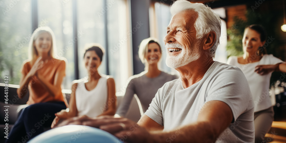 Caretaker taking exercise with senior clients Caretaker taking exercise with senior clients