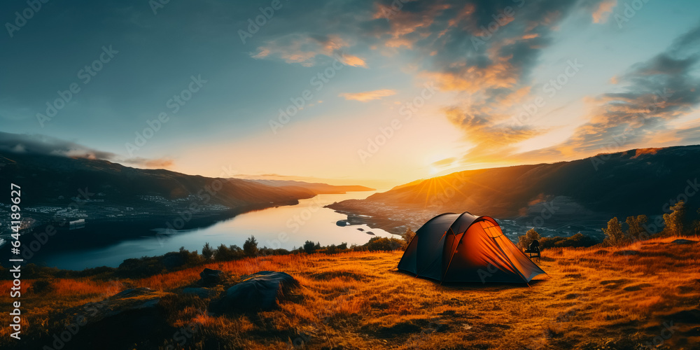 Camping adventure at sunset and sunrise in the mountains above city and lake