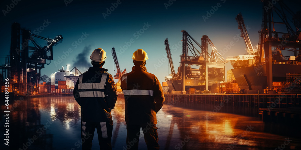 Commercial dock workers discussing logistics schedule