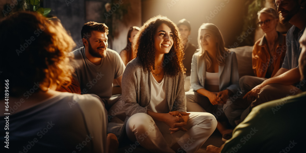 Diverse people participate in support group session Diverse people participate in support group session