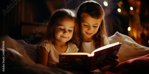 Cheerful children reading a book at night in the room