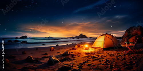 Camping on a Beach with the Milky Way and Stars Above