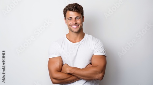 Masculine handsome young man smiling and crossing arms in a studio isolated on white background, with copy space.