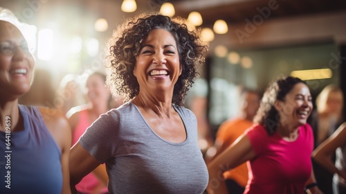 Aged woman dancing happily with other women during joyful group training in studio