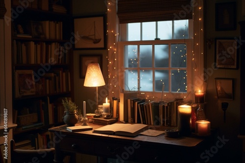 A cozy window scene with a desk  books  lamp  bookcase  and a glowing candle. Generative AI