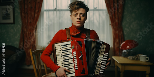 Non - binary person playing red vintage accordion. genderqueer person standing in living room and playing accordion at home