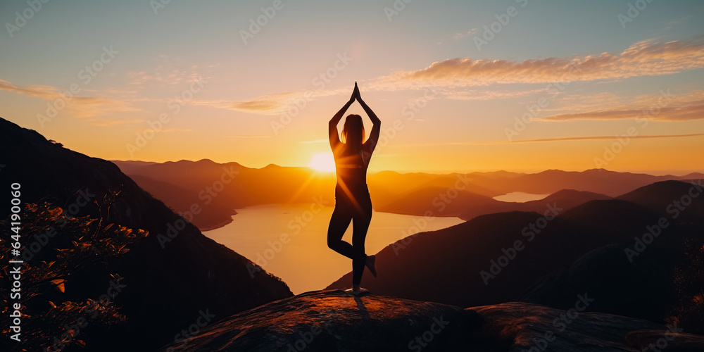 Woman performs yoga moves on mountain summit