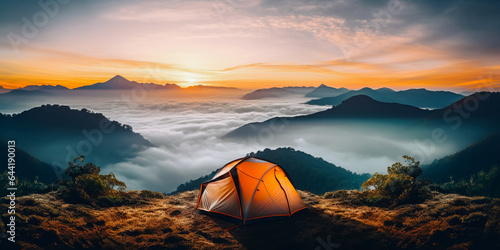 Tent on fog and mountains background