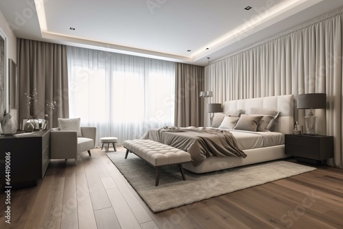 Interior of a spacious master bedroom in a luxurious apartment. Generative AI © Esme