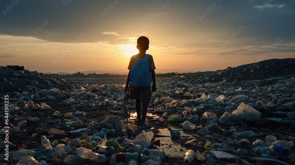 urgency of solving the problem of plastic pollution, thought-provoking scene with a lonely, saddened child in a landscape dominated by plastic waste.
