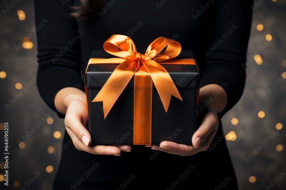 Woman holds a black gift box with an orange ribbon Woman holds a black gift box with an orange ribbon