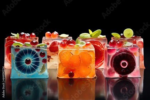 Colorful delicious jelly cakes, Fruit cocktails in jelly cubes on a black background, Close-up, jelly pudding, colorful gelatin dessert photo