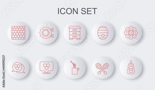 Set line Jar of honey, Honeycomb, Hive for bees, dipper stick, Hanging sign with honeycomb, location and icon. Vector