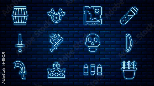 Set line Quiver with arrows, Medieval bow, Pirate treasure map, Sword for game, Dagger, Gun powder barrel, Skull and shield axe icon. Vector