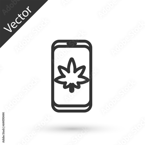 Grey line Mobile phone and medical marijuana or cannabis leaf icon isolated on white background. Online buying symbol. Supermarket basket. Vector Illustration