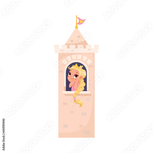 Little Girl in Theater Performance Wearing Princess Costume Pin Castle Performing on Stage Vector Illustration