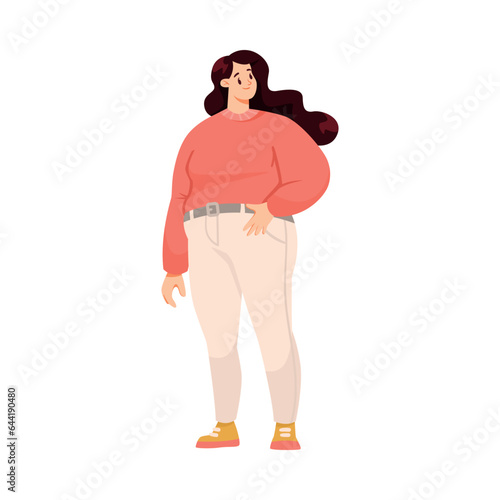 Fat Woman Character with Full Body and Obesity Standing and Smiling Vector Illustration