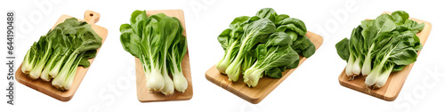 Set of Four Bok Choy on wooden plate, platter isolated on transparent background.