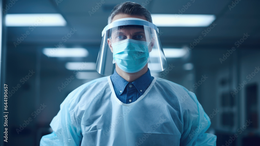 Male Doctor Surgeon in Scrubs with Face Mask and Face Shield - COVID-19 PPE Protection - Generative AI Male Doctor Surgeon in Scrubs with Face Mask and Face Shield - COVID-19 PPE Protection - Generative AI