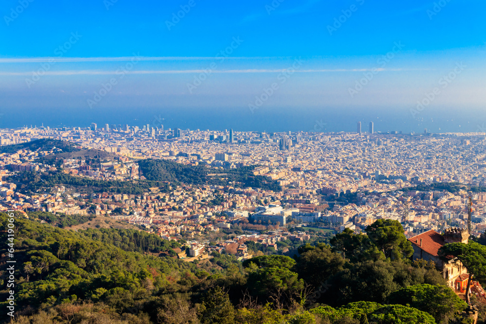 View of Barcelona city from the mountain Tibidabo in Catalonia, Spain