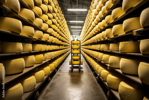 Cheeseheads storage near European cheese for maturation. Generative AI
