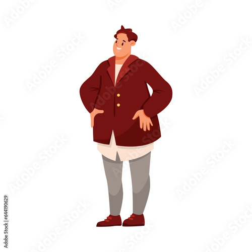 Fat Man Character with Full Body and Obesity Standing and Smiling Vector Illustration