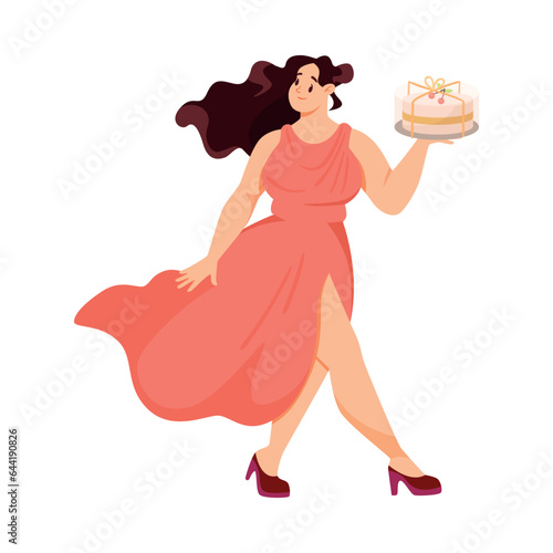 Fat Woman Character with Full Body and Obesity Carry Cake Vector Illustration